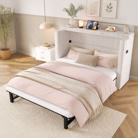 Lit armoire 140x200 cm en lin beige, avec rangement, gain de place pour chambre FloraGrace (1/5)