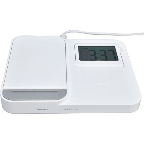 Réveil numérique LCD 3 en 1 avec téléphone, écouteurs, chargeur sans fil et alimentation USB, blanc, idéal pour la maison et le bureau. (1/5)