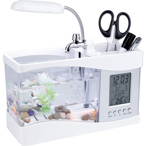 Lampe Ecran Mini Aquarium Multifonctionnel USB Rechargeable Bureau avec Fonction Horloge Température Lumière LED Stylo Conteneur Aquarium Ornements pour Maison et Bureau Décoration(Blanc) (1/5)
