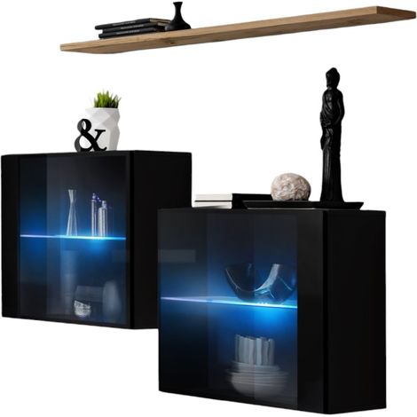 Composición mural SWITCH SBIII – Cubos con vitrinas LED y estantería – Negro brillante y roble Wotan – Diseño moderno