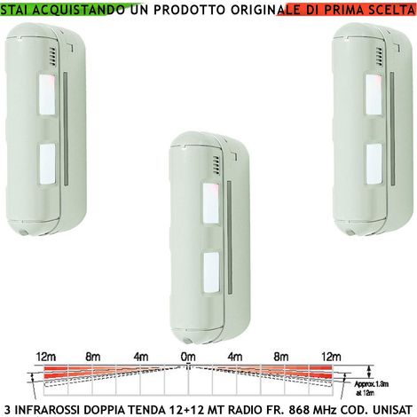 Rilevatore Doppio Infrarosso a Tenda da Esterno 3 Pezzi Sensore di Movimento 12+12 Metri Lineari Frequenza 868 MHz Bidirezionale Codice UNISAT Protezione Ponteggi Pareti Porticati Anti Jamming (1/4)
