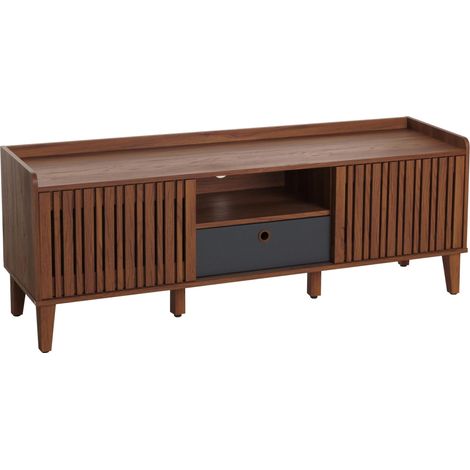 Porta TV HHG-421, mobile basso, anta scorrevole legno massiccio mango 56x150x40cm, color noce, cassetto grigio scuro