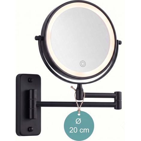 Relaxdays, espejo de maquillaje LED táctil, brazo mural extensible, aumento 10x, con USB, 31x33x3,5 cm, negro