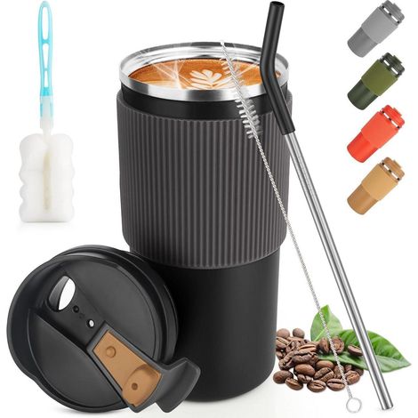 Isolierbecher 450ml Edelstahl auslaufsicher mit Deckel und Strohhalm-Set (1/5)
