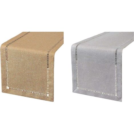 Lot de 2 chemins de table/nappes à ourlet cousu main, 30 x 183 cm, beige foncé et gris (1/5)