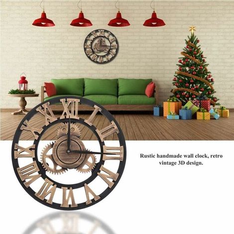 Grande horloge murale de style vintage, ronde, en métal, silencieuse, sans tic-tac, alimentée par piles, 45 cm, chiffres romains noirs, horloge de salon, chambre à coucher, décoration de cuisine dorée (1/4)