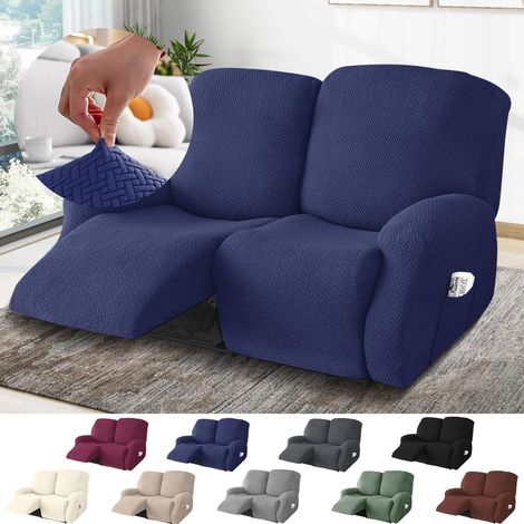 2-Sitzer Sessel Überzug, Sesselbezuge Stretch mit Taschen, All-Inclusive Streifen-Jacquard Sesselschoner für Fernsehsessel Relaxsessel Sesselhusse (Blau, 6-Teilig)