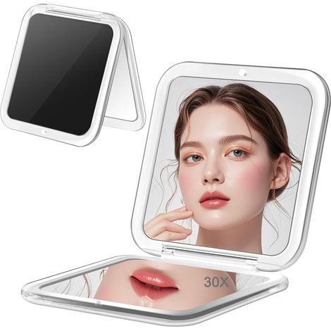 Miroir Grossissant, Miroir de Maquillage 30x avec Grossissement, Petit Miroirs de Maquillage 8.5 x 8.5 cm, Miroirs de Voyage Pliable des Deux Côtés, pour Voyage, Maquillage, Cadeau(Noir) (1/5)