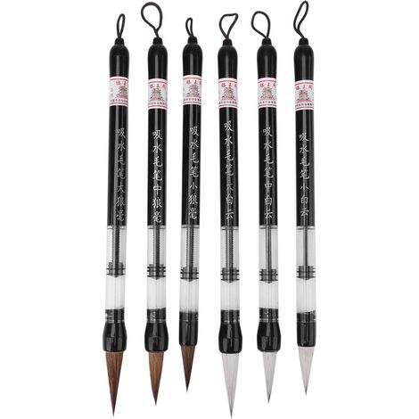 Un lot de 6 pinceaux chinois à piston pour l'écriture à l'eau, destinés à la pratique de la calligraphie sur tissu à eau.