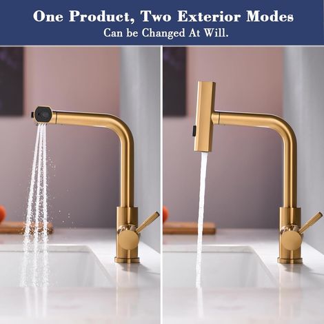 Robinet cuisine extractible pivotant 360 degrés – Mitigeur levier unique pour évier – Finition doré brossé