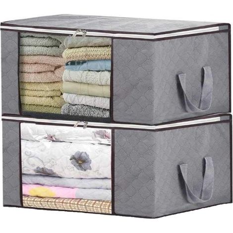 Lot de 2 sacs de rangement pliables - Organisateurs pour couettes, vêtements et linge de maison - Housses de rangement sous lit ou armoire - Gris (1/4)