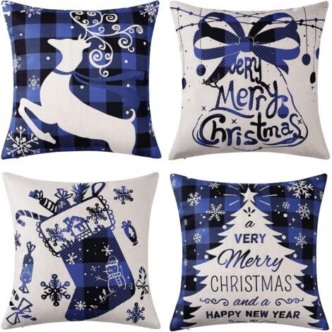 Sollbry Lot de 4 housses de coussin décoratives en lin pour décoration de Noël, motif sapin de Noël, renne, décoration d'intérieur, ferme, chambre à coucher, 45,7 cm, bleu (1/5)