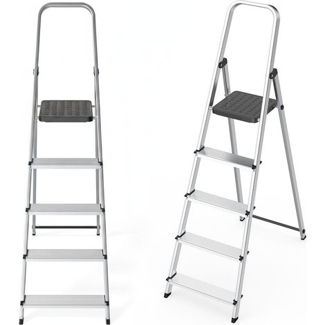Escalera de aluminio de 5 peldaños, plegable con plataforma, capacidad de 150 kg