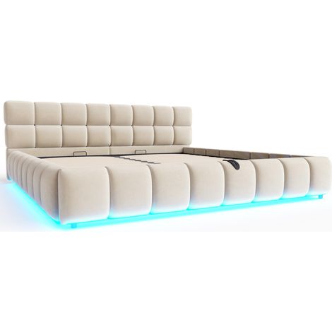 Cama tapizada 180 x 200 cm beige de terciopelo con canapé hidráulico y tira LED (1/5)