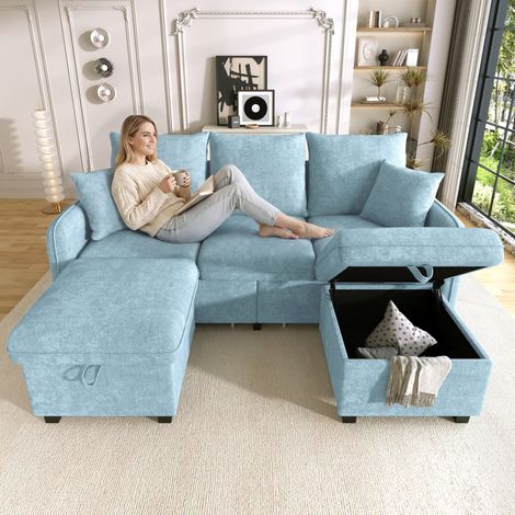 Canapé d’angle U 3 places en chenille. Modulable démontable,équipé de tiroirs et ottoman de rangement. (1/5)