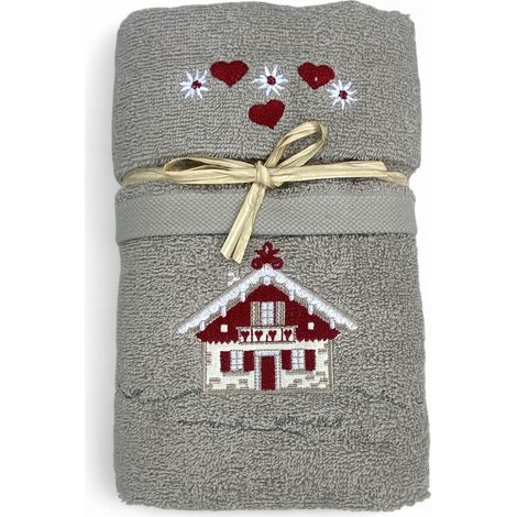 Set Asciugamani Tirolese Casetta Tortora - Tirolo - Spugna 100% Cotone - Ricamo Chalet Montagna Made in Italy (1/5)