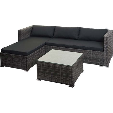 Salon de jardin en poly-rotin gris ensemble lounge balcon terrasse canapé avec table avec coussins gris foncé 040004215
