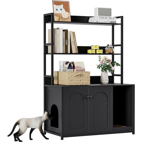 Bac à litière pour chat avec étagères, meuble en bois dissimulé avec 2 portes, abri d'intérieur pour chat avec griffoir, avec la plupart des présentoirs de rangement pour chats - Noir (1/5)