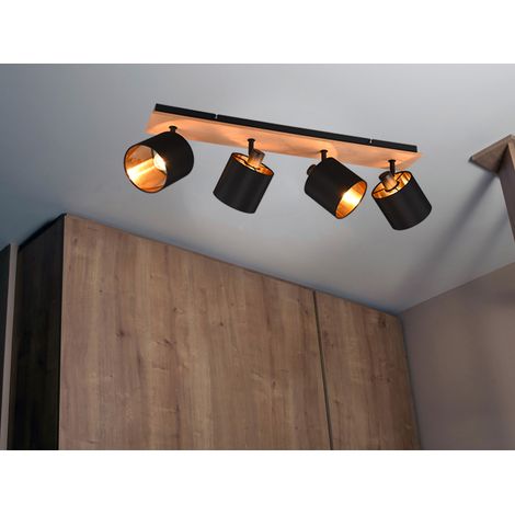 LED Deckenstrahler 4-flammig Holz, Stoffschirme Schwarz Gold, Breite 70cm (1/5)