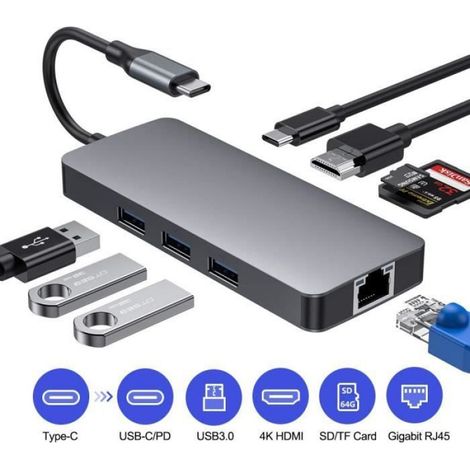 Adaptateur USB C - Hub USB C HDMI 4K - Ethernet Gigabit - 3 Ports USB 3.0 - Lecteur Carte SD TF - 8 En 1 (1/4)