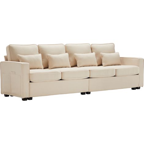 Sofá de 4 plazas de lino beige con cojines y bolsillos en reposabrazos (1/5)