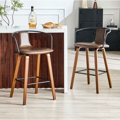 2 taburetes de bar con reposabrazos de madera y metal, marrón (1/5)