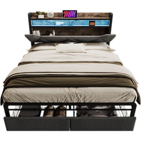 Lit rembourré avec fonction de charge USB Type C, tête de lit de rangement et éclairage LED, avec tiroirs, lit double 160 x 200, cadre de lit de rangement avec sommier à lattes en cadre métallique, gr (1/5)