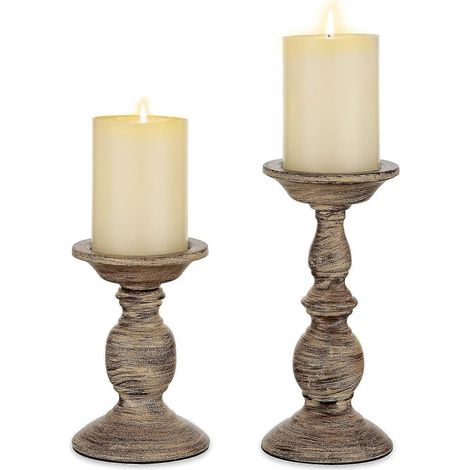 Ensemble de 2 bougeoirs piliers vintage, candélabres en métal vieilli, style shabby chic, pour table à manger, salon, café ou cheminée. (1/5)
