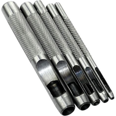 Lot de 5 Outils de Poinçonnage/Outil Perforateur/Perforatrice de 2/3/4/6/8mm - Poinçon Creux pour Faire des Trous - Ceinture/Cuire/Liège/Tissu/Bracelet de Montre - Marteau - Acier (1/5)