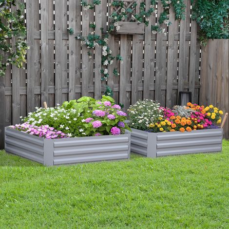 Lot de 2 carré potager de jardin dim. 100L x 100l x 30H cm - tôle d'acier ondulée gris (1/5)