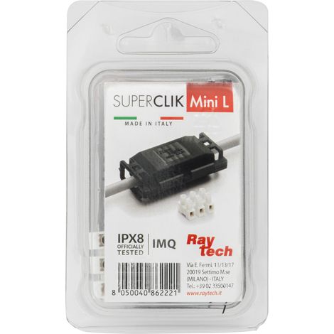 SUPER CLICK MINI L – Manchon de jonction étanche IPX8 avec gel, connecteur et colliers – 3×0,5 à 1,5 mm² – Ø 10 mm – Immersion – Noir - RAYTECH
