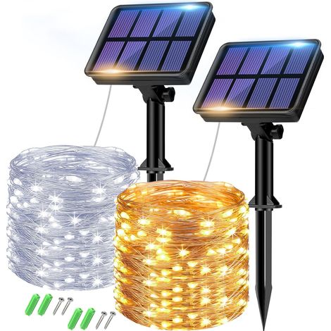 Lot de 2 Guirlande Solaire Exterieur, Totale 16m 160LED Lumineuse Étanche, 8 Modes Décoration pour Jardin Terrasse Cour Noël Mariage Fête, Blanc Chaud (1/5)