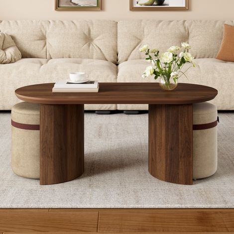 Ensemble table basse ovale avec 2 poufs encastrables, table de salon, gain de place, style moderne pour salon et lounge, noyer