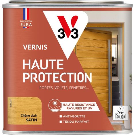 V33 – Vernis extérieur haute protection microporeux – Résistant aux UV et intempéries – Application facile à la verticale – 0,5L chêne clair satin
