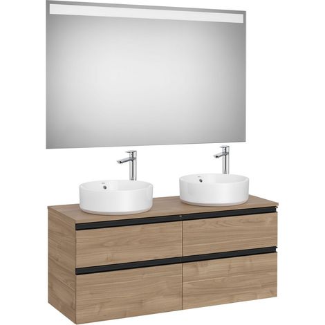 Pack meuble "The gap"1200 pour 2 vasques à poser - 4 tiroirs + plan + miroir LED - noyer/poignées noires - Roca (1/2)