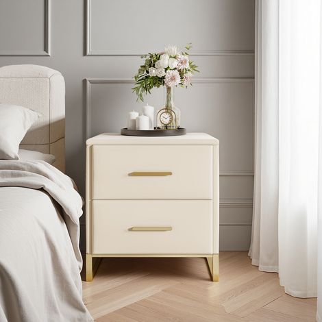 Lot de 2 Table de Chevet - 40x40x50 cm - 2 Tiroirs et Pieds en Métal - Meuble de Chambre - tissu en velours - beige (1/5)