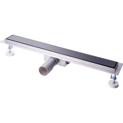 Caniveau de douche plat, 60cm verre noir - siphon avec stop-odeur et filtre à cheveux ensemble complet de caniveau de douche en acier inoxydable siphon de sol pour cabine de douche mur de douche