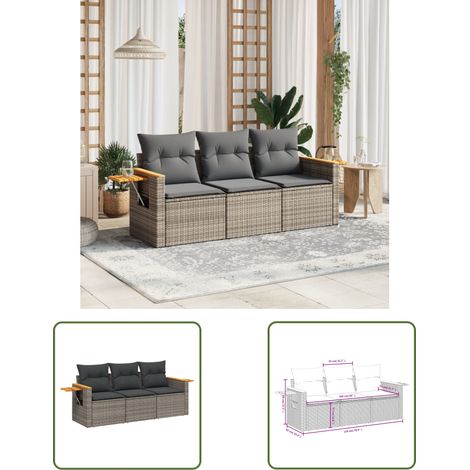 The Living Store Salon de jardin avec coussins 3 pcs gris résine tressée - Ensemble Salon De Jardin - Canapé Extérieur - Mobilier De Jardin - Résine Tressée - Rotin Synthétique
