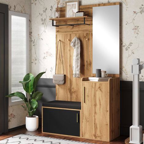 Vestiaire d'entrée 100x38x185 cm noir et naturel en panneaux de particules avec miroir, banc rembourré et rangement (1/5)