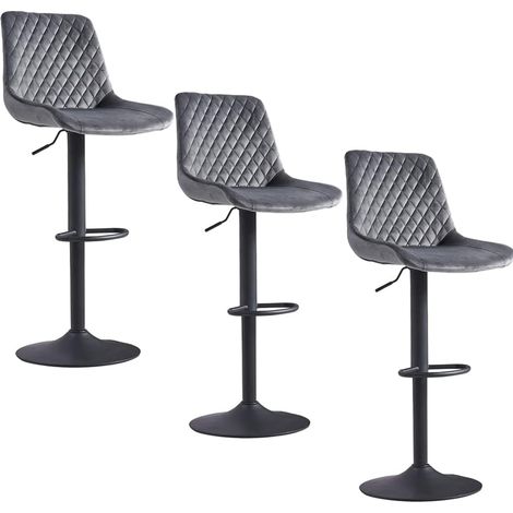 AINPECCA Velvet Grey Bar Stools Set of 3 Modern Swivel Height Adjustable Barstools with Black Metal, Armless Large Padded Cushion Breakfast Counter Chairs for Kitchen Island, Pub, Restaurant, Café