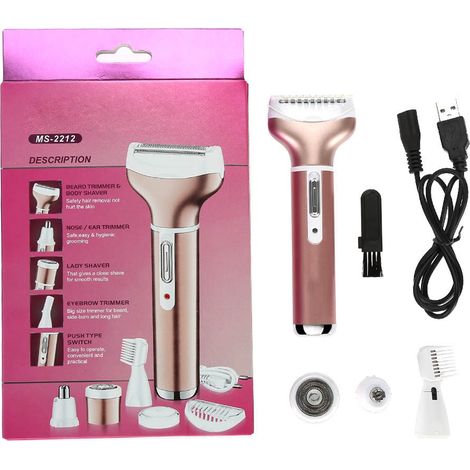Kit de rasage électrique 4-en-1 pour femme, mini tondeuse de beauté portable, couleur or rose, set de rasoir rechargeable pour soin intime et visage (1/5)
