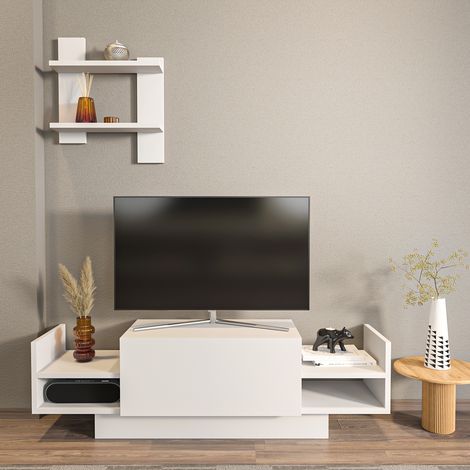 Bahara Meuble TV 120 cm Porte Battante avec Étagère Murale