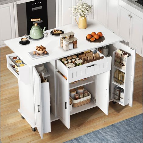 Îlot de cuisine 120/45(70)/95 cm blanc avec plateau rabattable et grand espace de rangement (1/5)