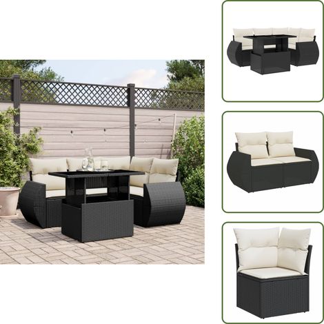The Living Store Salon de jardin 5 pcs avec coussins noir résine tressée - Ensemble Salon De Jardin - Meuble Extérieur - Jardin Design - Mobilier Résistant Aux Intempéries - Chaise Longue (1/5)