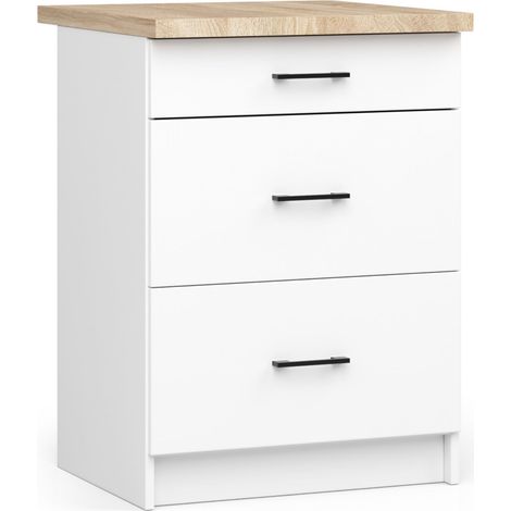 Akord – Armoire de cuisine basse 60 cm – 3 tiroirs – Finition mate blanche – Panneau stratifié – Dimensions 60x46x85 cm