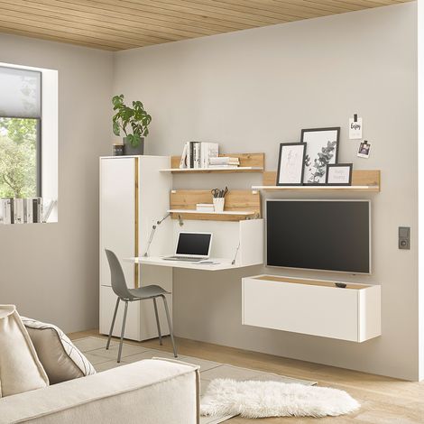 Wohnwand weiß mit Eiche CRISP-61 modern 5-teilig mit Homeoffice-Lösung (1/5)
