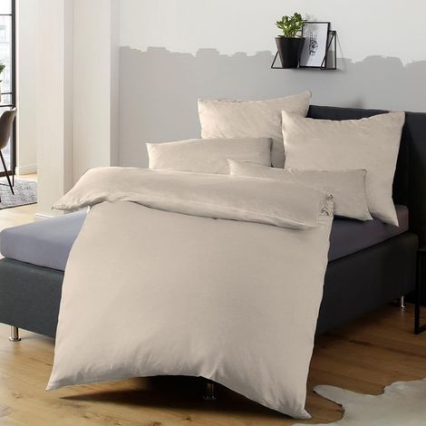 Parure de lit 155 x 220 cm - Beige - En microfibre infroissable - 1 housse de couette + 1 taie d'oreiller 80 x 80 cm avec fermeture éclair (1/5)