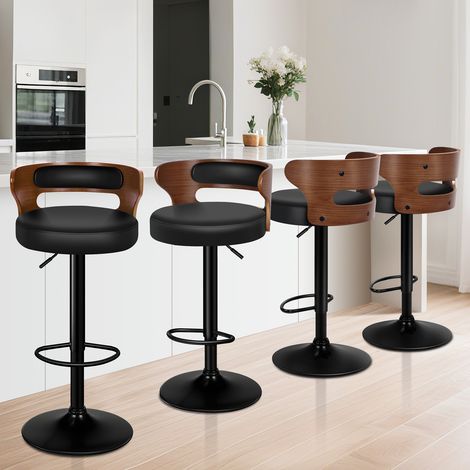 ALFORDSON 4 x Comfy Bar stools PU Leather, 360 Degree Swivel Wooden Kitchen Chair, Black
