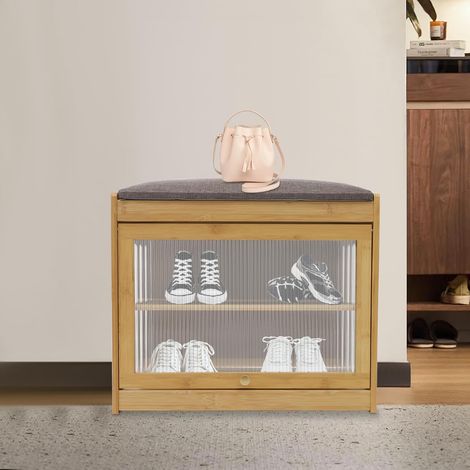 2 Etagen Schuhbank mit Stauraum, Magnetische Klapptür und Griff, Durchsichtige Schranktür, Stiftdesigns Schweben, Rechteckig Schuhbank mit Sitzfläche, Garderobenbank (Log Farbe)