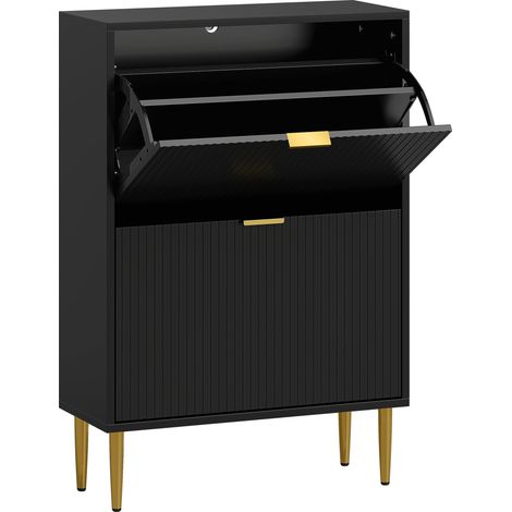 Meuble à Chaussures Waldrada Art Déco Luxe Noir Portes Dorées Rangement Élégant 12 Paires